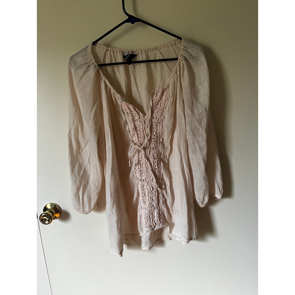 GRW Women Pale Pink Crochet Lace V-Neck Gauze Boho Blouse Large